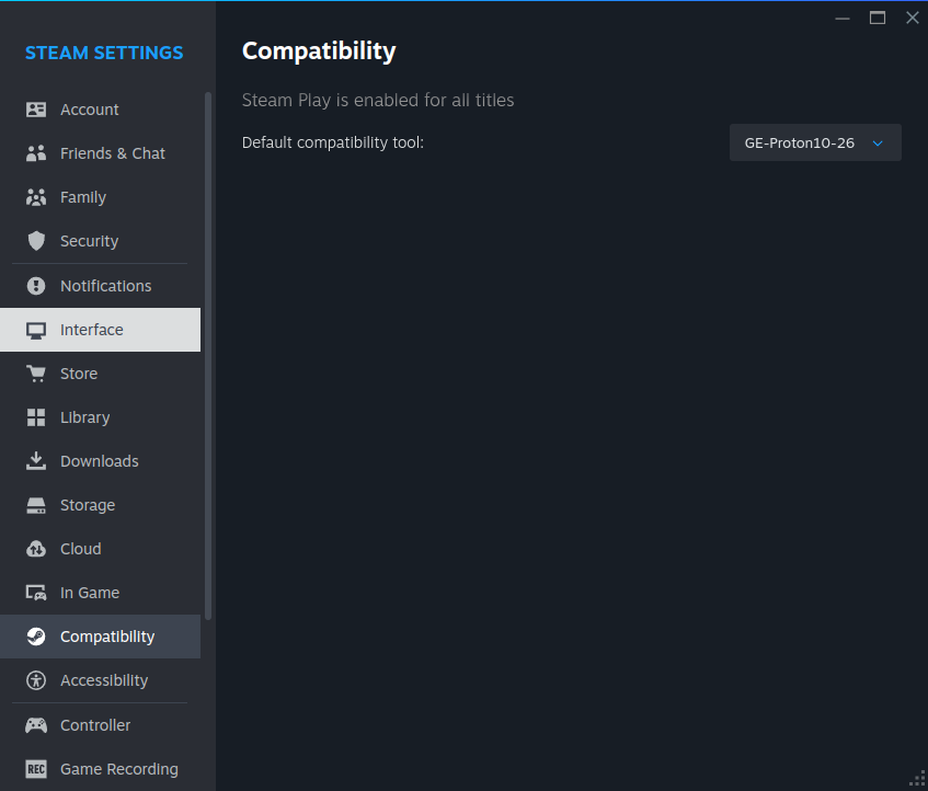 Steam Compatability Settings