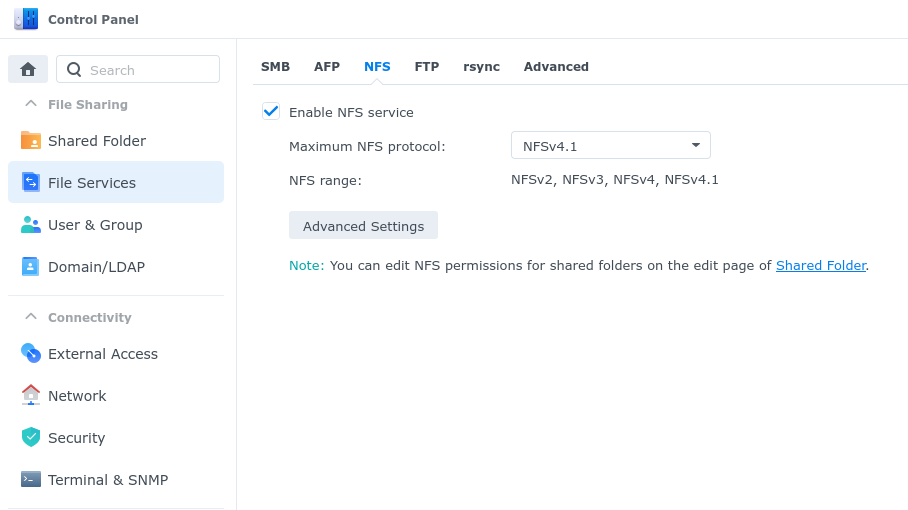 Enable NFS in Synology